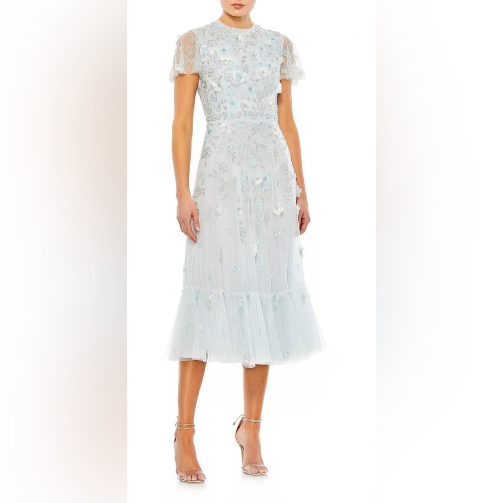 Light blue embroidered midi dress by Mac Duggal